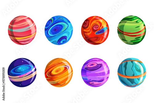 Stylish collection of colorful planet icons in vibrant vector illustrations.  
