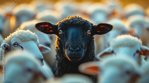 In this captivating image, a black sheep stands prominently among a blending flock, symbolizing isolation and individualism amidst a sea of sameness in rural tranquil beauty and nature's charm.