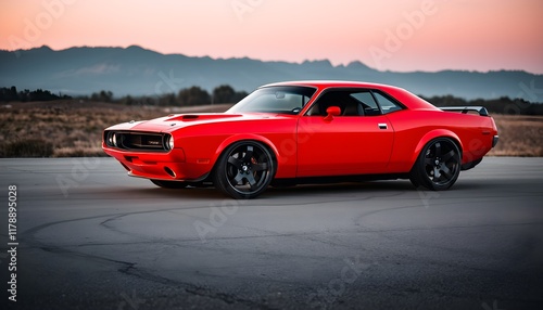 Majestic Red Classic Muscle Car at Sunset