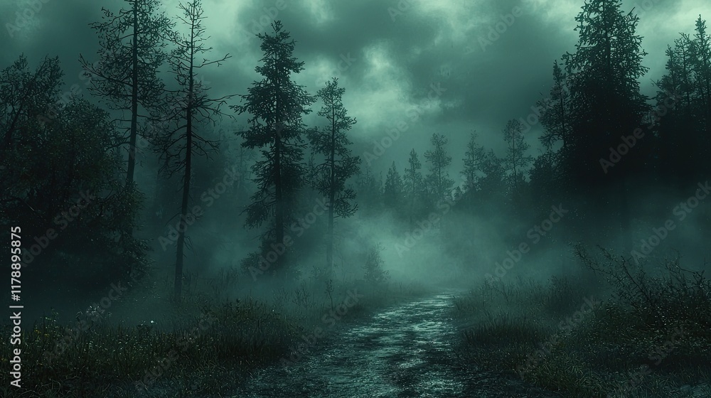 Fototapeta premium Misty forest path under stormy sky.