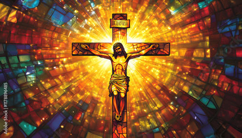 crucifix, jesus on the cross in church with ray of light from stained glass