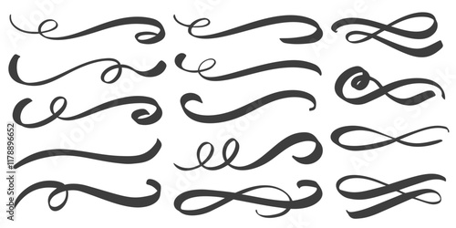 Vector swirl lines. Swash and flourish underlines. Hand drawn swish and swooshes. Calligraphic elegant vintage curved squiggles. Doodle fancy dividers on white background.