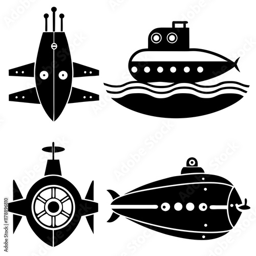 Different submarine silhouettes in diverse designs and orientations. Vector artwork.
