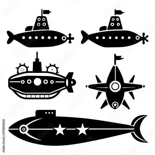 Series of submarine silhouette icons in simple and modern styles. Vector graphic.
