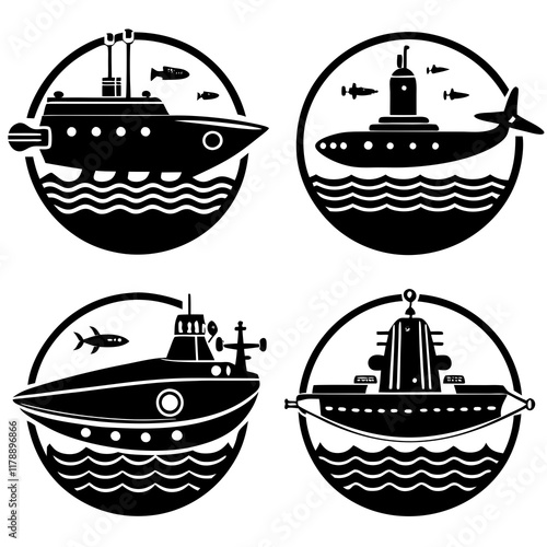 Illustration of submarine silhouettes in different positions and shapes. Vector set.
