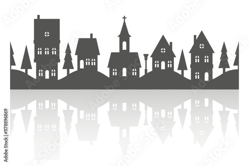 Silhouette of neighborhood houses. Small homes and buildings on skyline. Christmas town and village on white background. Row of cottages on the street with fir trees and church. Seamless border
