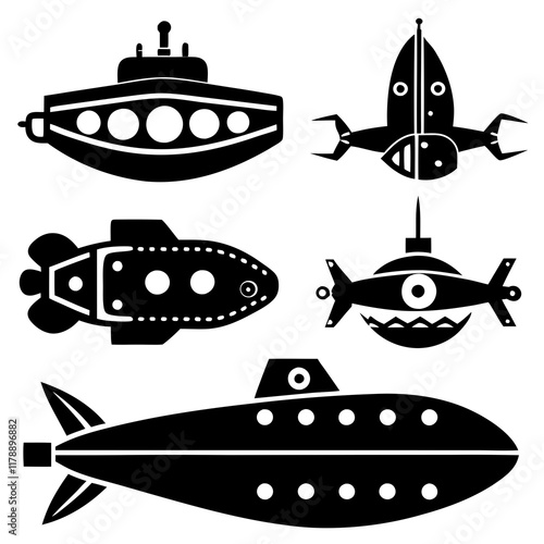 Vector silhouettes of submarines in unique designs and arrangements.
