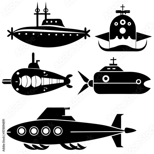 Set of various submarine silhouettes in different shapes. Vector design.
