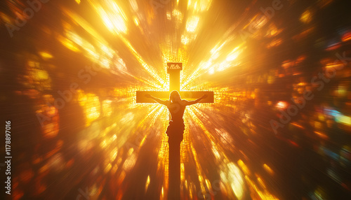 crucifix, jesus on the cross in church with ray of light from stained glass