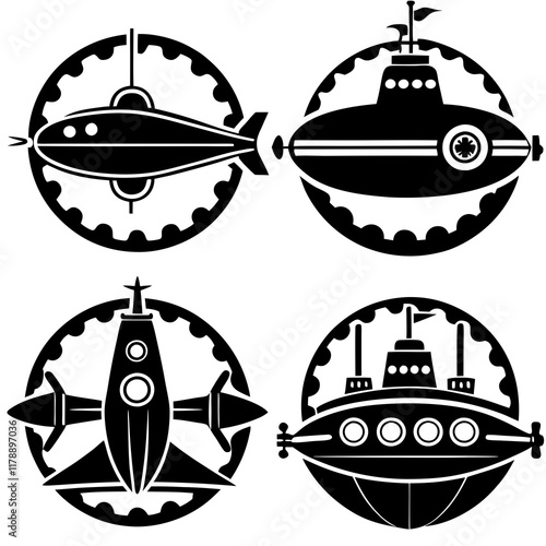 Collection of submarine silhouettes in various designs. Vector illustrations.
