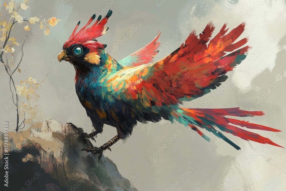 Fototapeta premium Colorful bird with blue and red feathers is perched on a rock. The bird has a unique and vibrant appearance