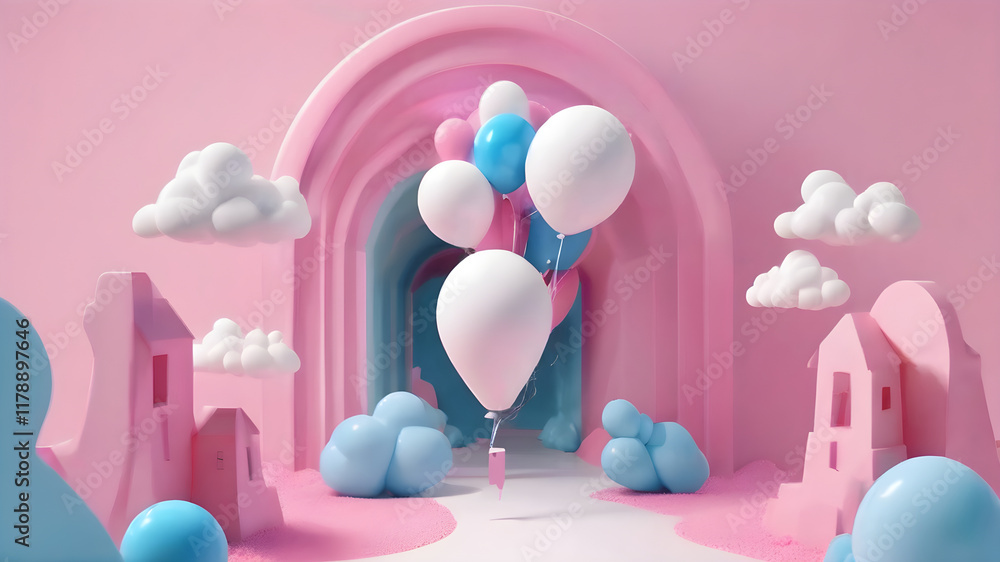 3d render, abstract minimal pink and blue background with balloon white clouds flying out the tunnel 3d render, abstract minimal pink and blue background with balloon white clouds flying out the tunnel