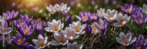 crocus spring flowers,panorama abstract sunny beautiful Spring background with Vibrant Crocus Flowers

