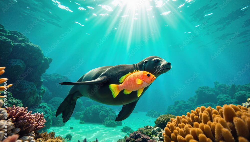 Fototapeta premium Playful seal swimming with colorful fish in sunlit ocean reef