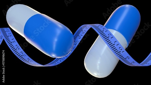 Slika na platnu 3d rendering of drug capsule-shaped pill surrounded by a coiled measuring tape