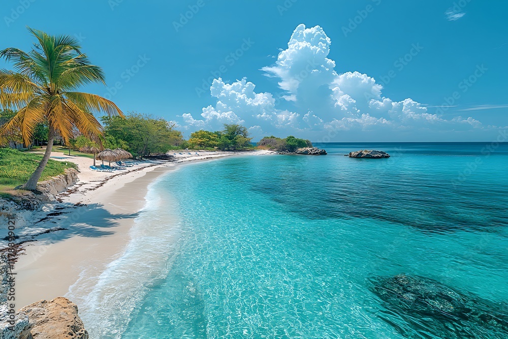 Fototapeta premium Idyllic Tropical Beach Scene With Palm Tree And Azure Waters