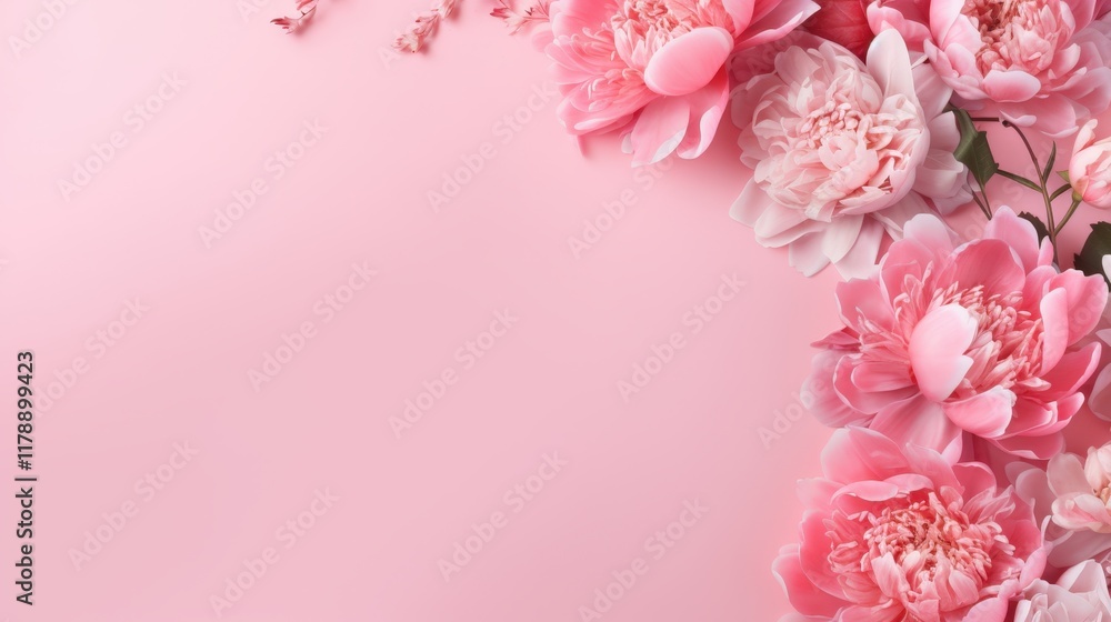 Fototapeta premium Beautiful Blooming Peonies on Soft Pink Background Perfect for Floral Designs, Banners, and Artistic Projects