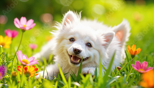 Fototapeta Naklejka Na Ścianę i Meble -  Happy white dog lying in colorful meadow of spring flowers