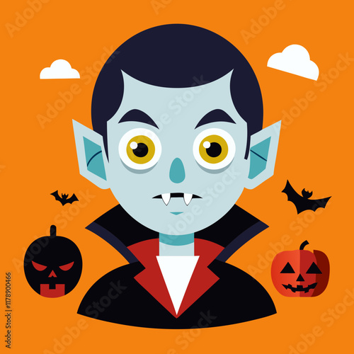 Cartoon vampire holding a carved Halloween pumpkin with a bright smile.
