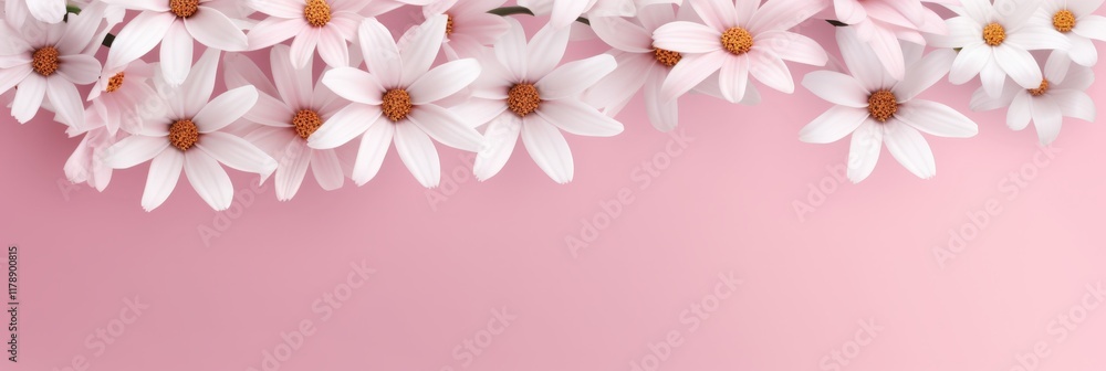 Naklejka premium Beautiful Banner of Blooming White Daisies on Soft Pink Background for Floral Designs and Decoration Purposes