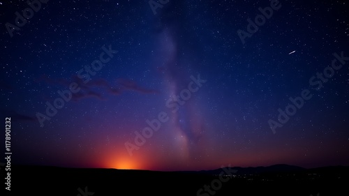 Majestic milky way galaxy rising over a dark silhouette of mountains at sunset with a shooting star.