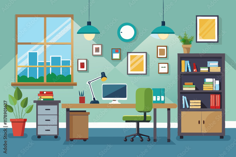 Stylish home office vector with minimalist furniture and warm lighting.
Stylish home office vector with minimalist furniture and warm lighting.