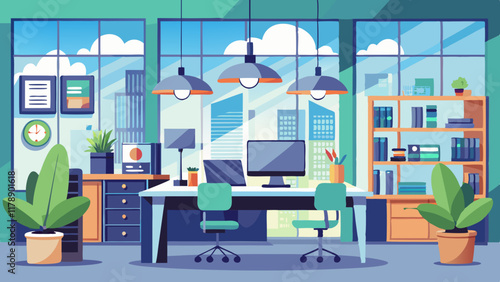 Cozy and functional workspace vector with modern decor elements.
