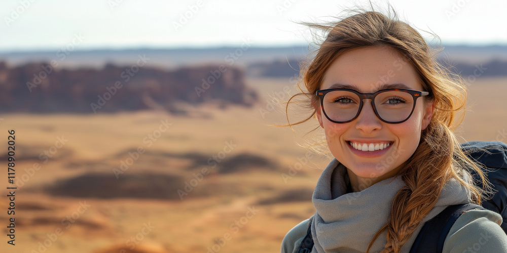 Adventurous woman smiling in desert landscape stunning nature photography captivating environment inspiring travel vibes Adventurous woman smiling in desert landscape stunning nature photography captivating environment inspiring travel vibes