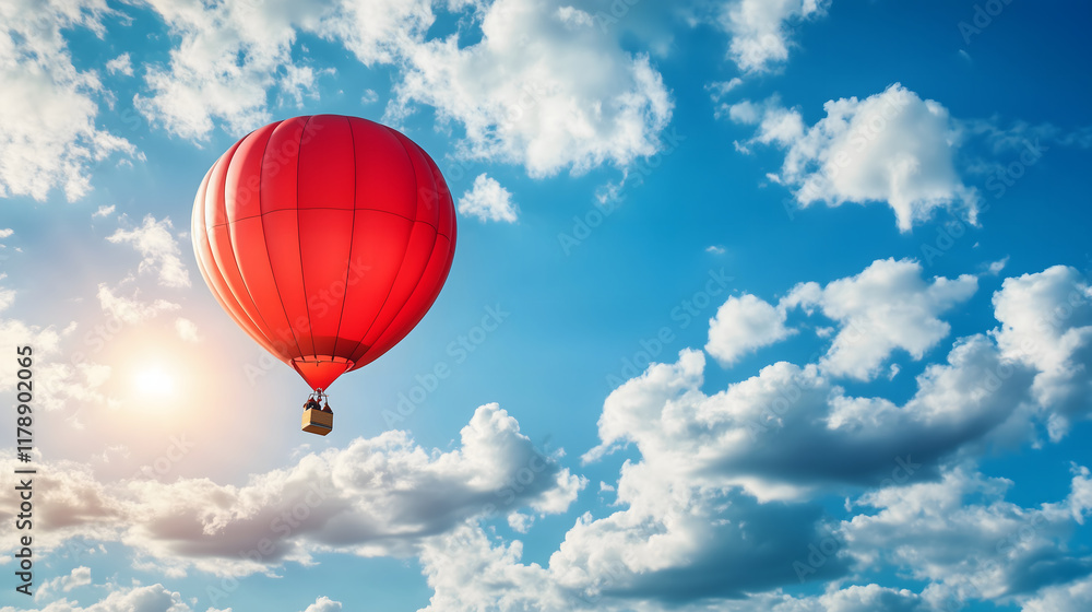 Fototapeta premium Red hot air balloon floating in sunny blue sky with clouds