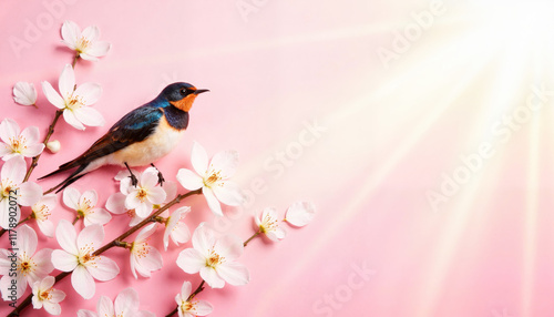  Swallow perched on cherry blossoms with pink sunlight background