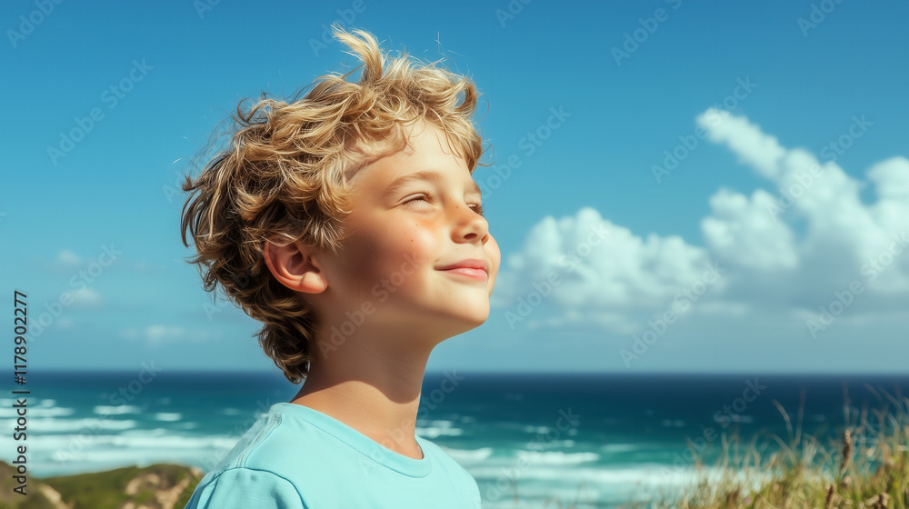 Joyful Boy Enjoying Scenic Ocean View Under Clear Blue Sky Joyful Boy Enjoying Scenic Ocean View Under Clear Blue Sky