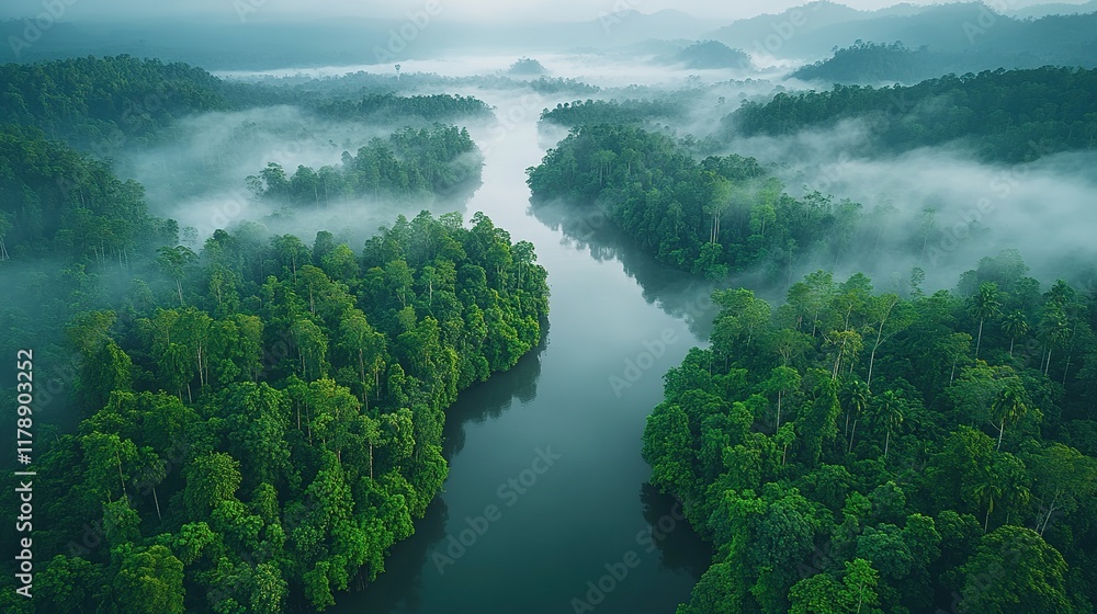 Lush Rainforest River Valley Morning Mist Lush Rainforest River Valley Morning Mist