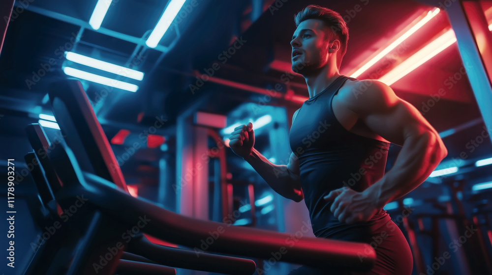 Active Man Jogging on Treadmill in Modern Neon Gym Environment Active Man Jogging on Treadmill in Modern Neon Gym Environment