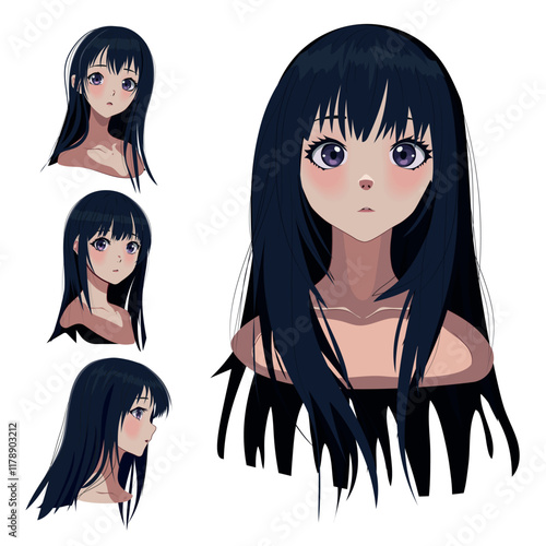 Design of a female anime character . Anime hairstyles wigs. Isolated hair set. Vector illustration