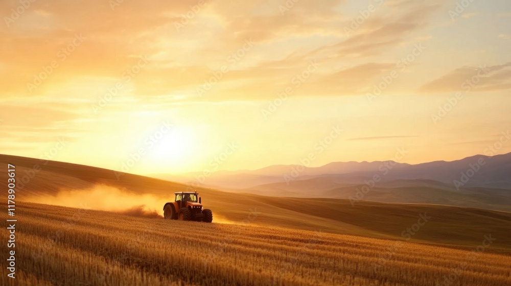 Fototapeta premium Tractor in Golden Wheat Field During Sunset with Dust Trail
