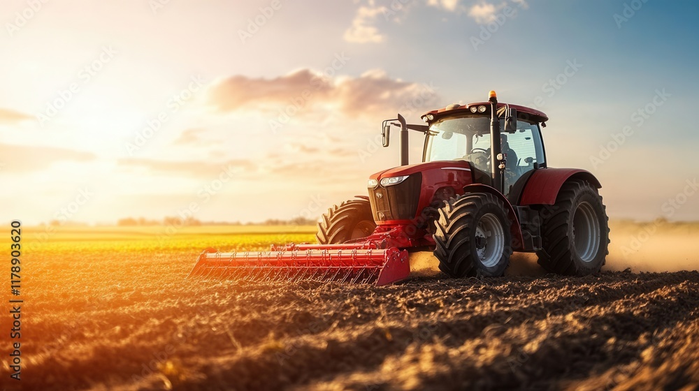 Red Tractor Working in Field at Sunset with Beautiful Sky Red Tractor Working in Field at Sunset with Beautiful Sky