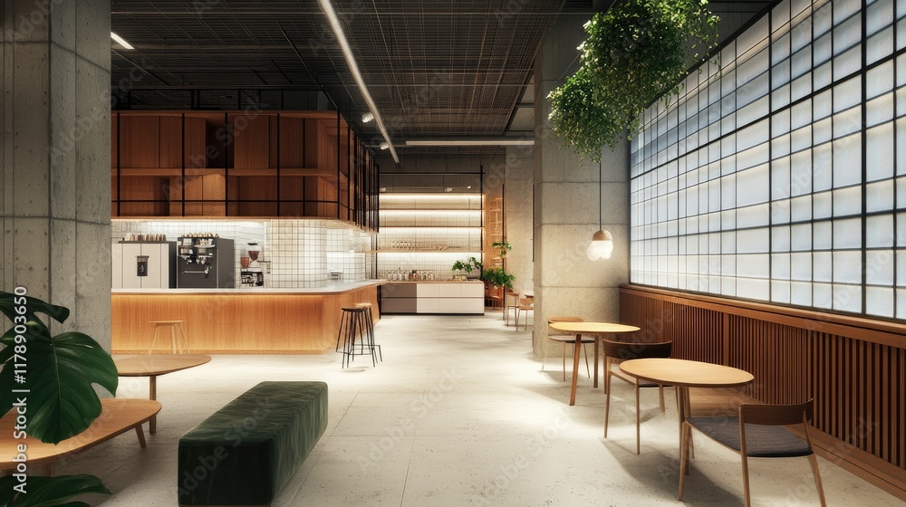 Fototapeta premium Modern Minimalist Office Lounge Design: Serene Workspace Interior