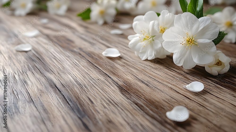 Fototapeta premium white blossoms and white wooden empty table, Generative AI