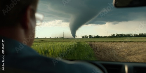 Driver views an ominous tornado twisting through fields, creating a dramatic scene. photo