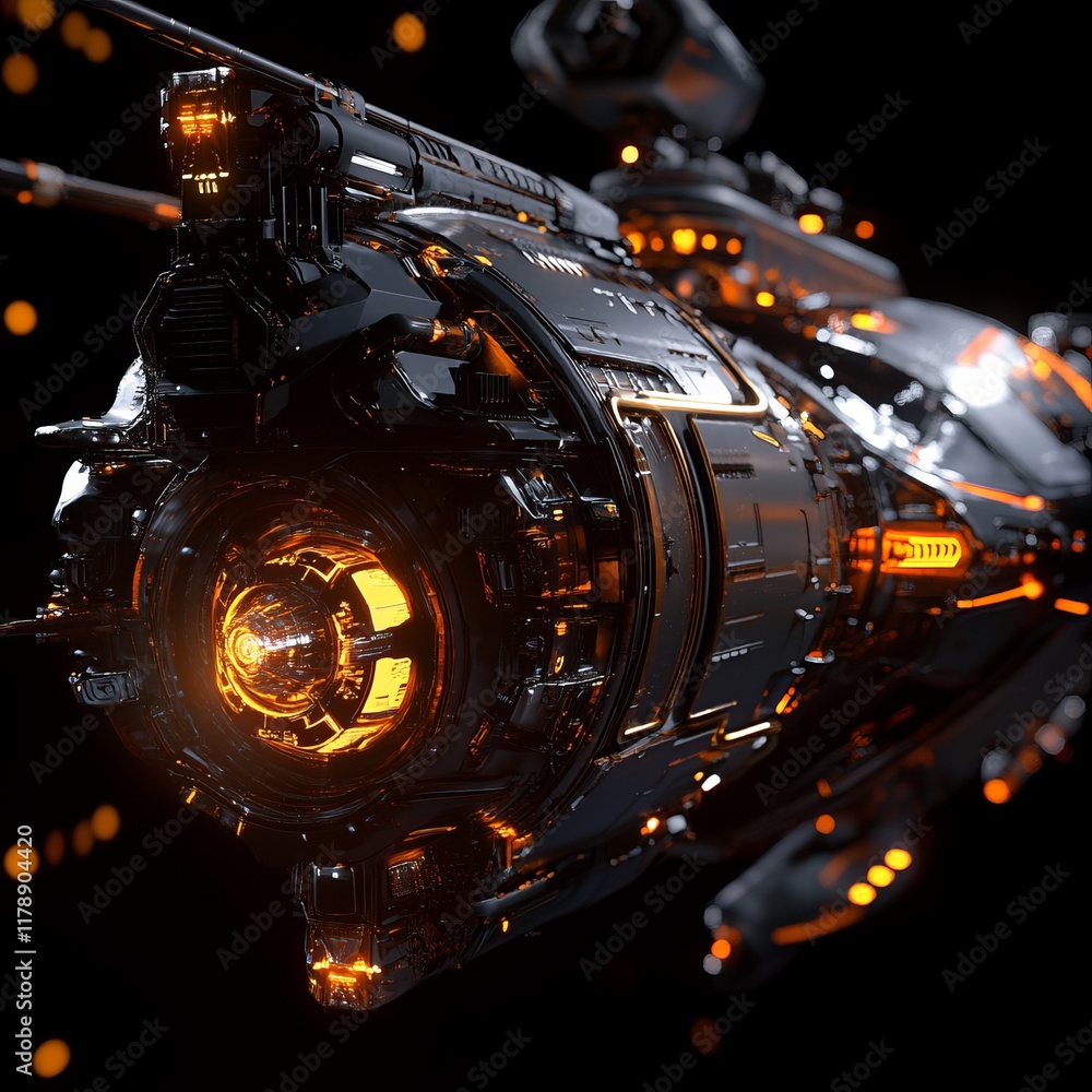 Fototapeta premium Futuristic space ship with a glowing orange engine. The ship is surrounded by a dark background