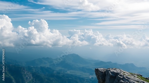 Majestic mountaintop vista: expansive view of rolling hills and fluffy clouds under a bright blue sky photo