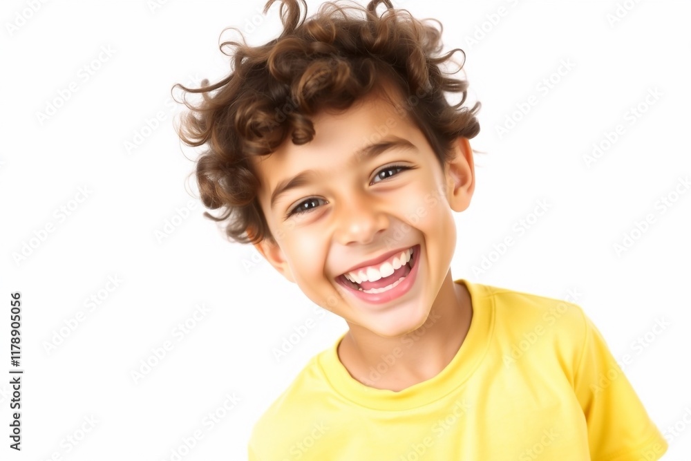 A cheerful child , laughing with an open mouth, captured in a portrait on a white background A cheerful child , laughing with an open mouth, captured in a portrait on a white background