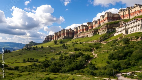 Majestic mountaintop castle complex in italy, showcasing stunning architecture and picturesque landscape under a vibrant summer sky. photo