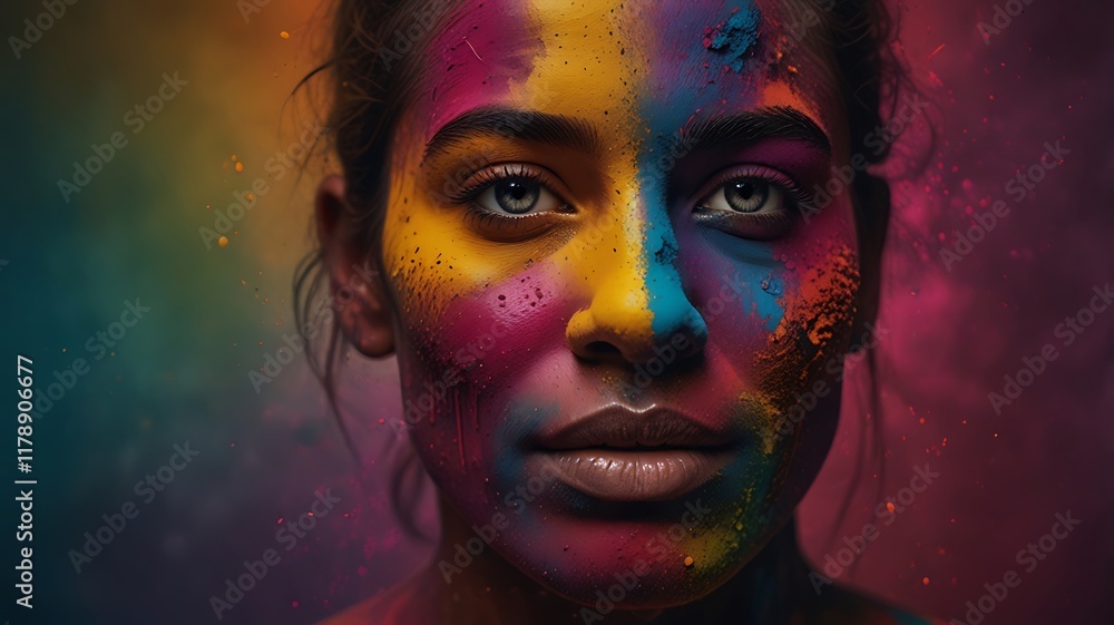 Artistic Depiction Of A Face Half Covered In Bright Holi Powder, With Striking Contrast And Detailed Textures Artistic Depiction Of A Face Half Covered In Bright Holi Powder, With Striking Contrast And Detailed Textures
