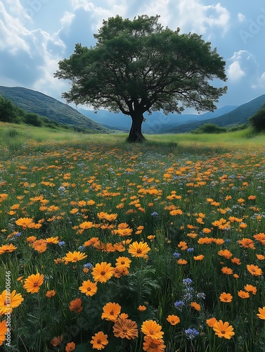 Solitary tree in vibrant wildflower meadow. (3)