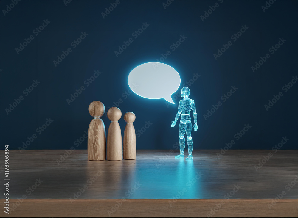 Glowing robotic figure addresses wooden figurines, symbolizing communication and audience engagement. A bright speech bubble highlights the message's importance. Glowing robotic figure addresses wooden figurines, symbolizing communication and audience engagement. A bright speech bubble highlights the message's importance.