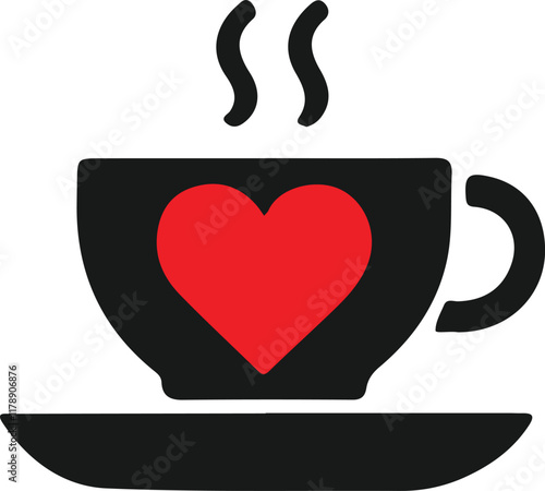 A simple, flat icon of a coffee cup and saucer, with a red heart design on the cup, and steam rising from the top.