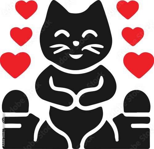 A stylized black cat icon, seemingly happy and embraced by many red hearts, evokes feelings of love and affection.