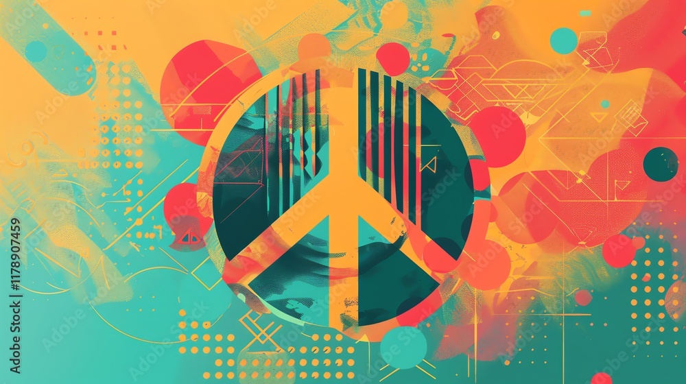 Fototapeta premium An abstract, colorful peace sign with a sunburst background.