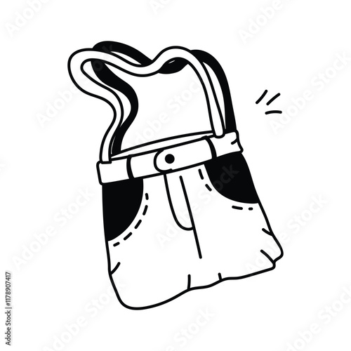 A whimsical black and white illustration of a handbag crafted from denim jeans